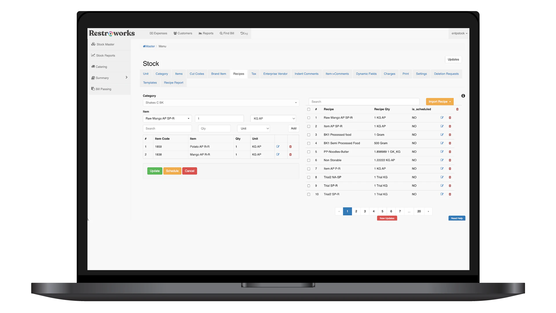 screenshot of Restroworks Inventory Management